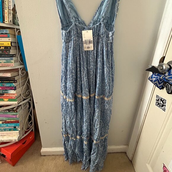 Blue Boho Embroidered Maxi Dress with Tassel Tie - Picture 2 of 3